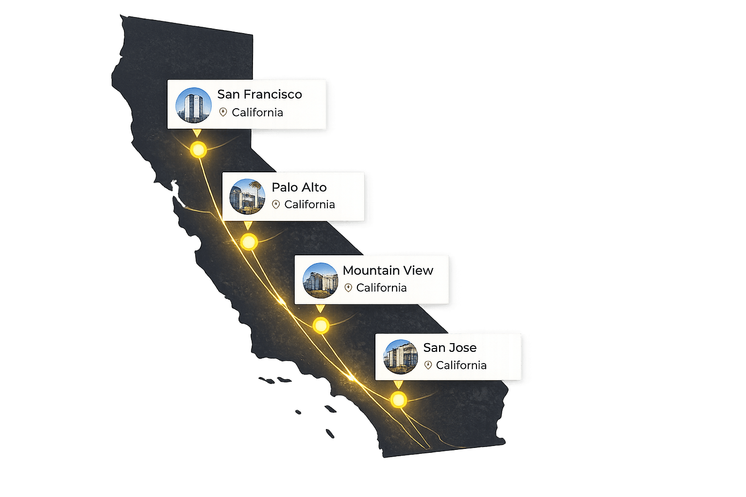 California map showing property locations in San Francisco, Palo Alto, Mountain View, and San Jose